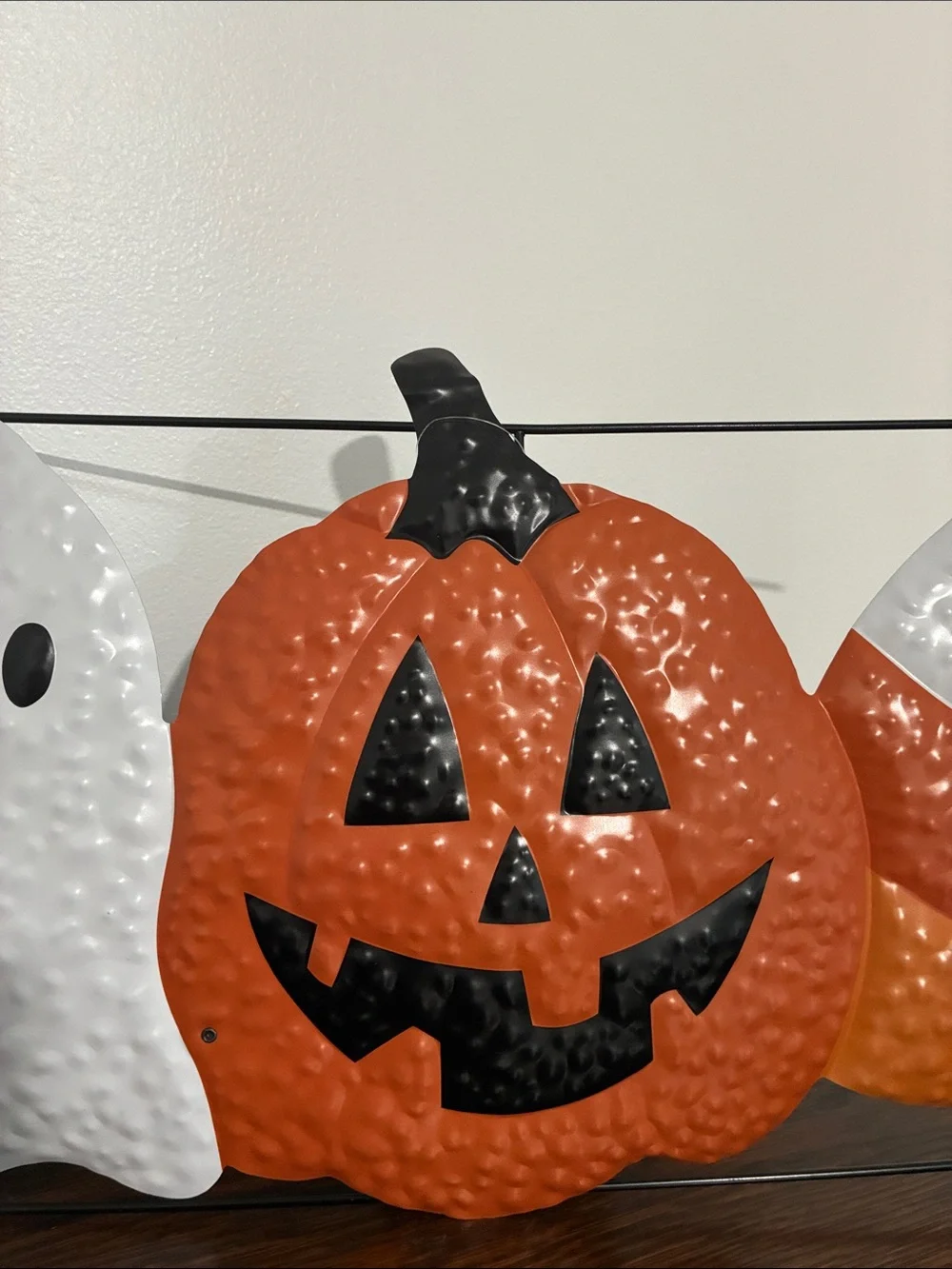 NWT-Metal Halloween Yard Stake Sign w/ Ghost, Jack-o-lantern & Candy Corn 26x20